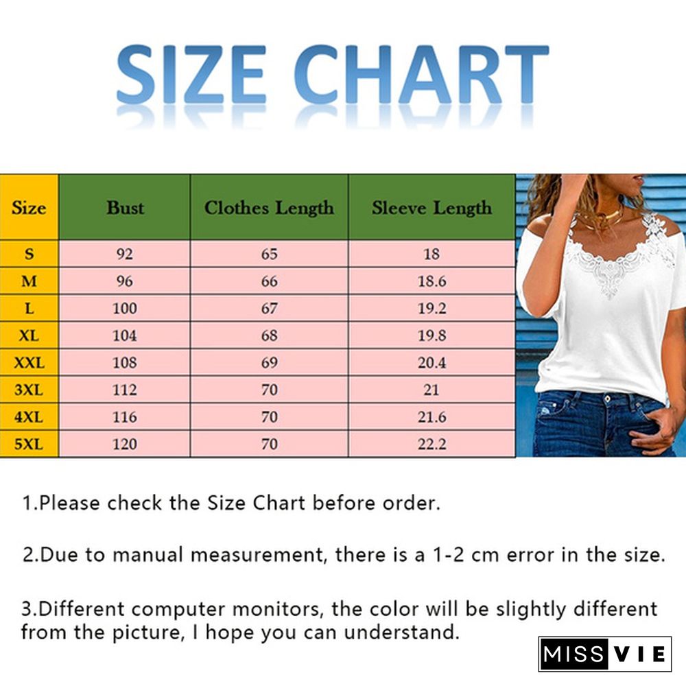 Women Fashion Plus Size Casual Tops Lace Stitching Cold Shoulder Short Sleeves T-Shirts Summer Solid Color V Neck Loose Blouses Tee Shirts Xs-5Xl