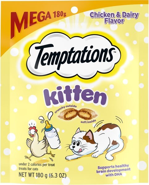 Temptations Chicken and Dairy Flavor Crunchy and Soft Kitten Treats， 3-oz bag