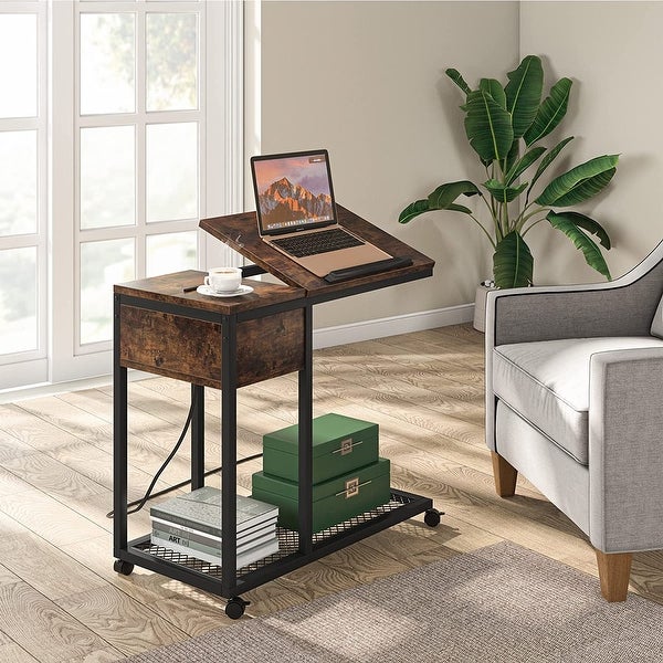 C Shaped Table with Outlet and USB Ports， Couch Side Table with Charging Station