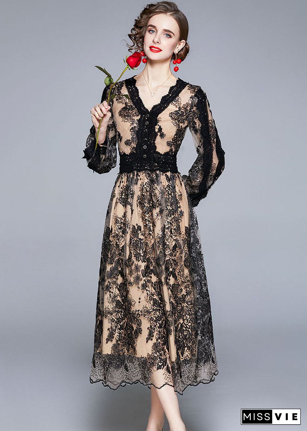 Women Black V Neck Embroideried Patchwork Tulle Dresses Long sleeve