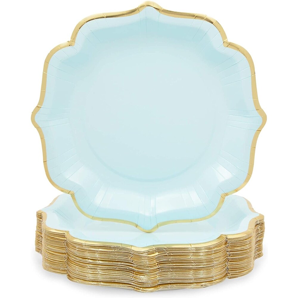 Light Blue Paper Party Plates with Gold Foil Scalloped Edging (9 In  48 Pack)