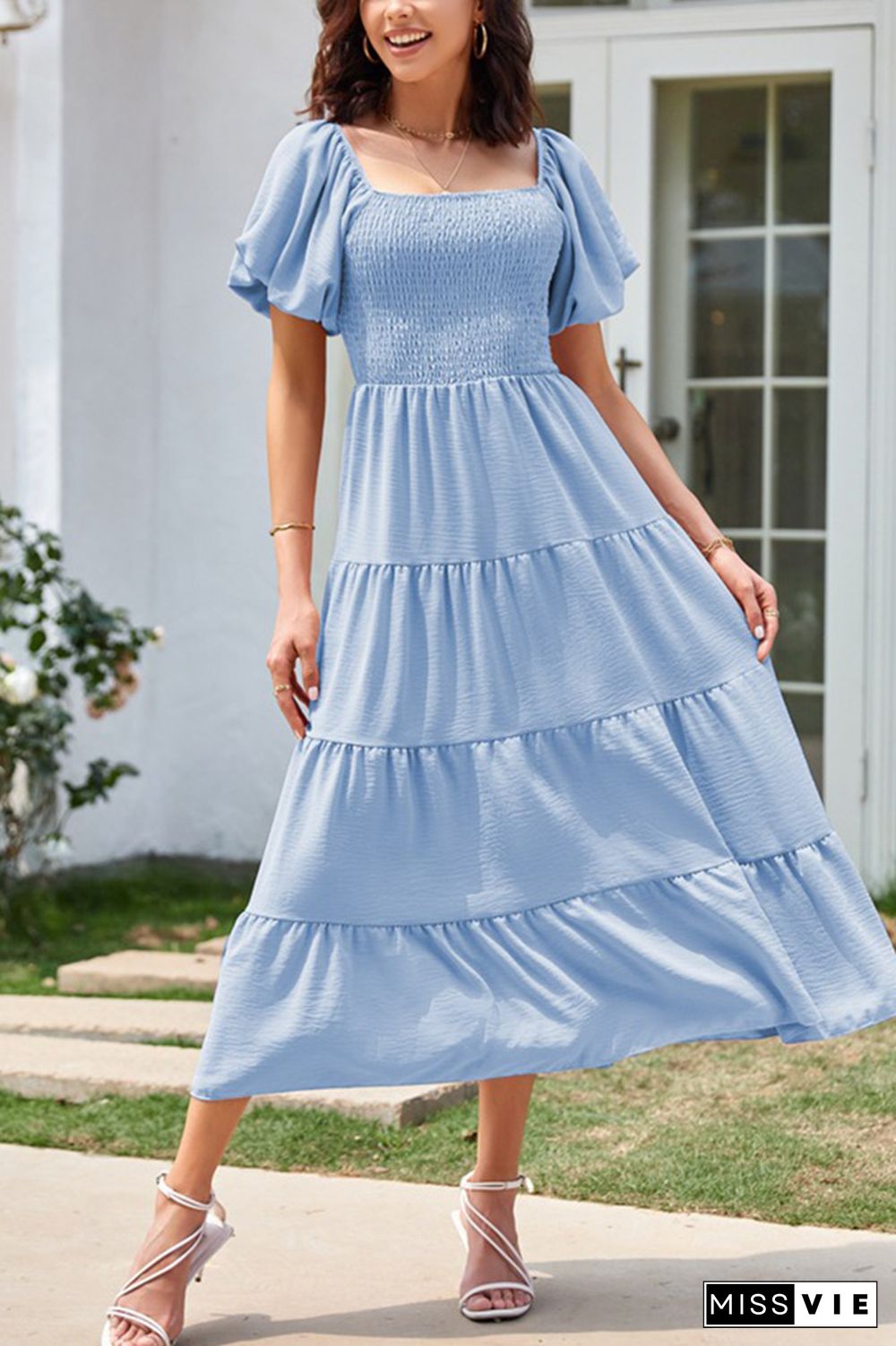 Square Neck Puff Sleeves Tiered Long Dress