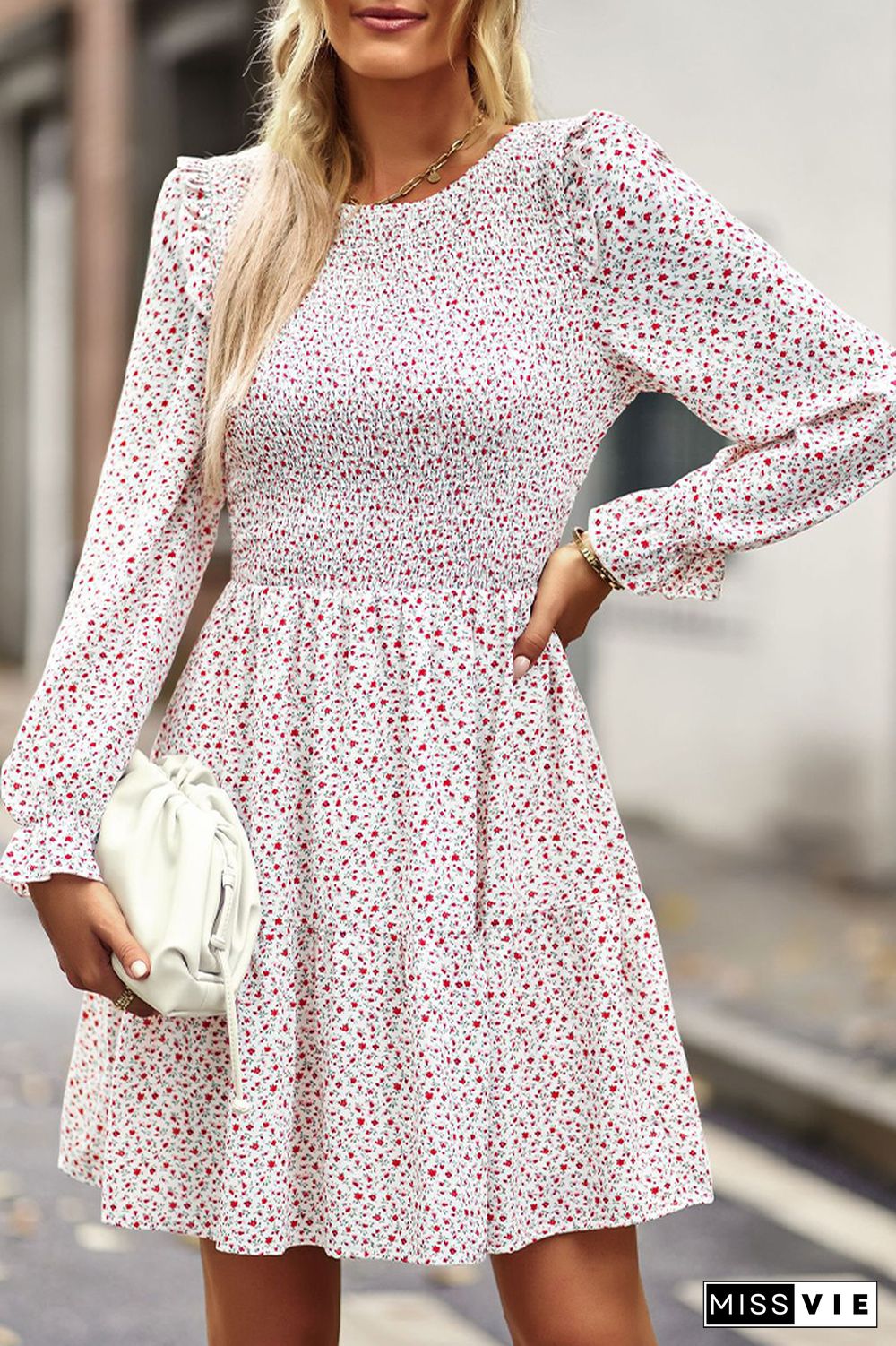 Smocked Puffy Long Sleeves Floral Dress