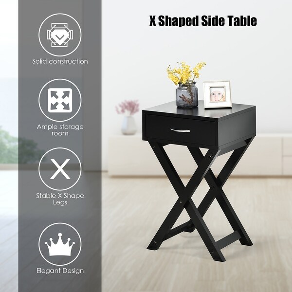 X Shaped Nightstand Modern Accent Sofa Side Table with Drawer