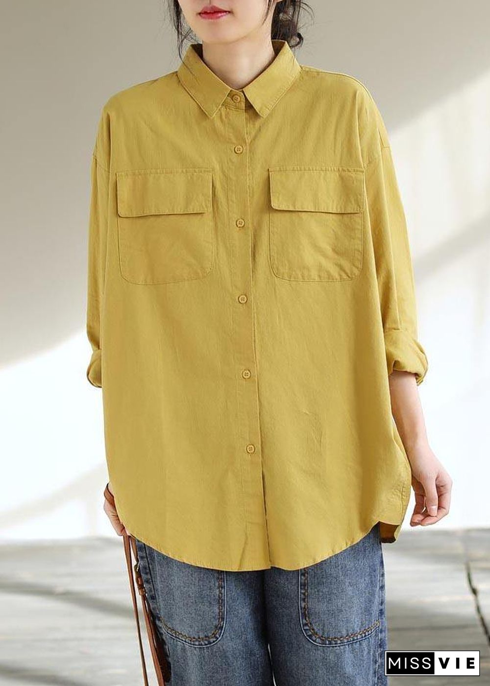 Classy Lapel Pockets Spring Top Silhouette Wardrobes Yellow Shirts