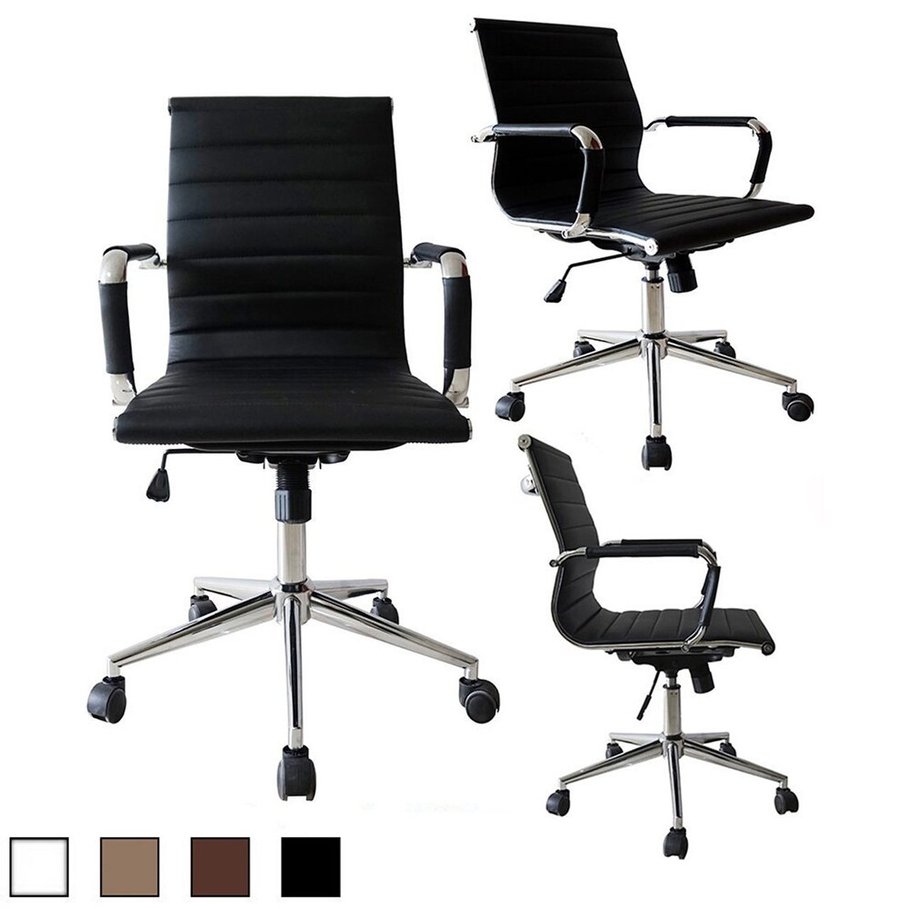 Mid Back PU Leather Executive Office Chair Ribbed Tilt Conference Room Boss Home Work Desk Task Guest With Arms