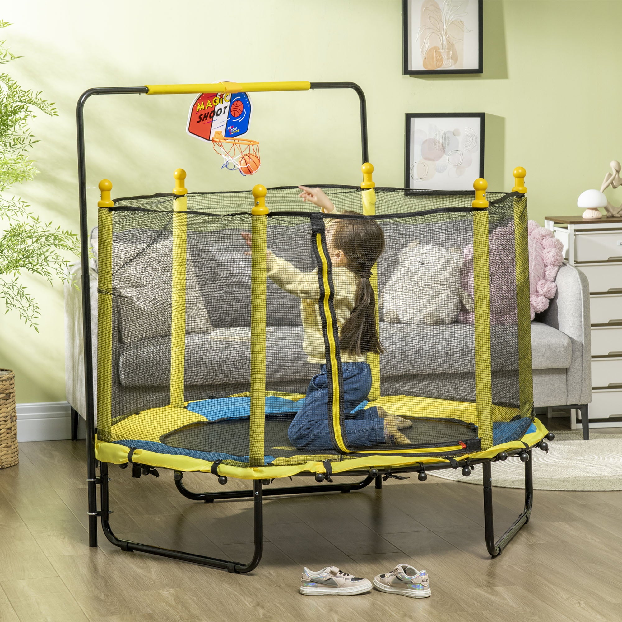 Qaba 4.6' Kids Trampoline with Basketball Hoop， Horizontal Bar， 55 Indoor Trampoline with Net， Small Springfree Trampoline Gifts for Kids Toys， Ages 1-10， Yellow