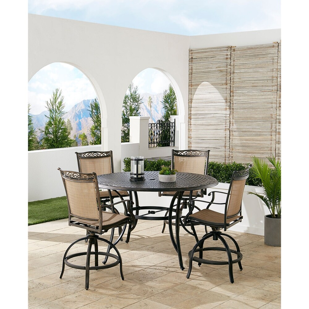 Hanover Fontana 5 Piece High Dining Set in Tan with 4 Counter Height Swivel Chairs and a 56 in. Cast top Table