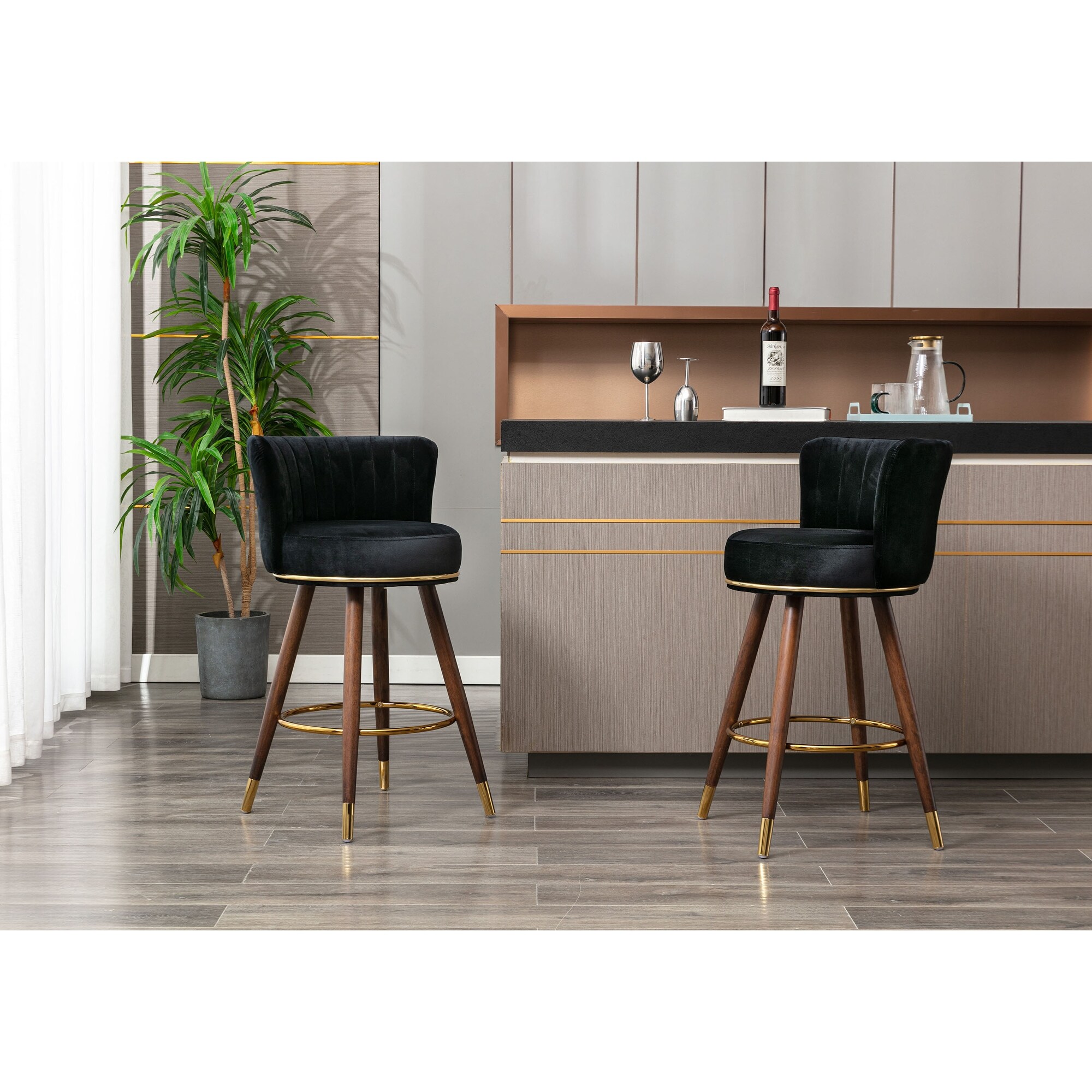 Porthos Home Pedra Swivel Bar Stools Set of 2， Velvet， Rubberwood Legs