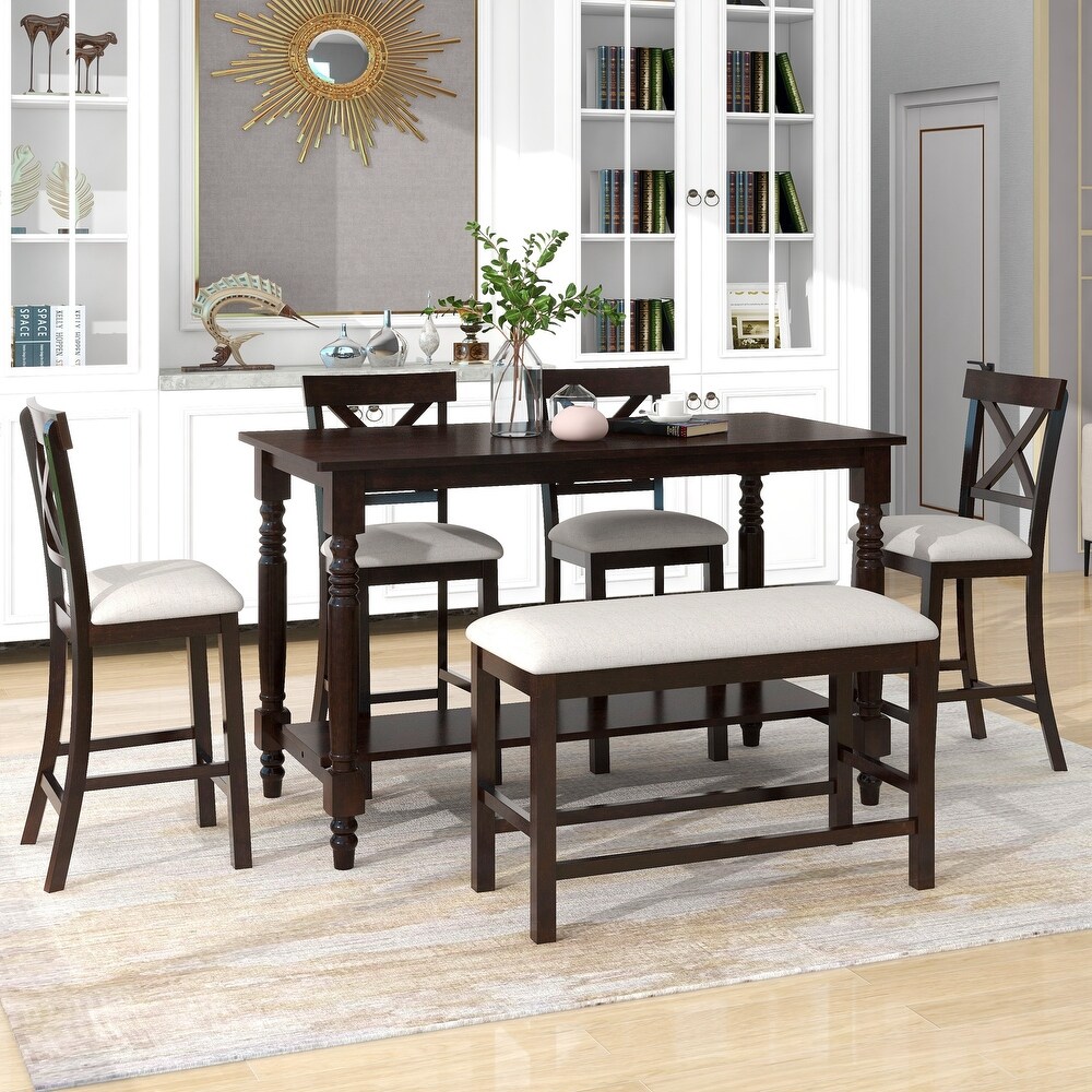 6 Piece Dining Table Set  Table with Shelf  4 Chairs and Bench