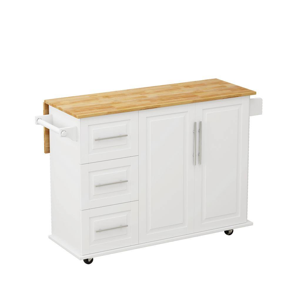 White Solid Wood Top 43.3 in. W Kitchen Island on 4-Wheels with 3-Drawers and 2-Door Cabinet VJ032KIsland11