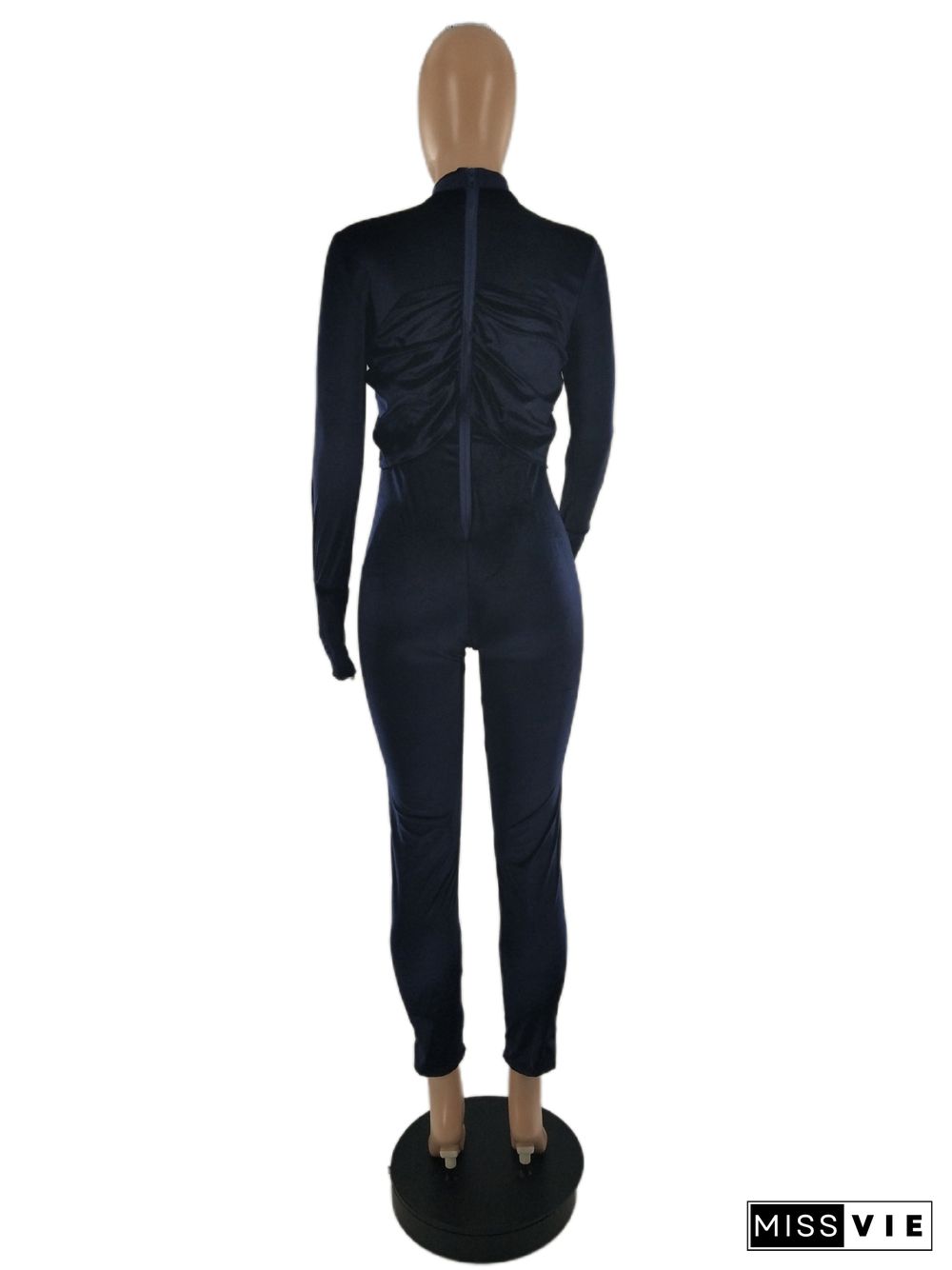 High Stretch Velvet Long Sleeve Mid Waist Skinny Jumpsuit