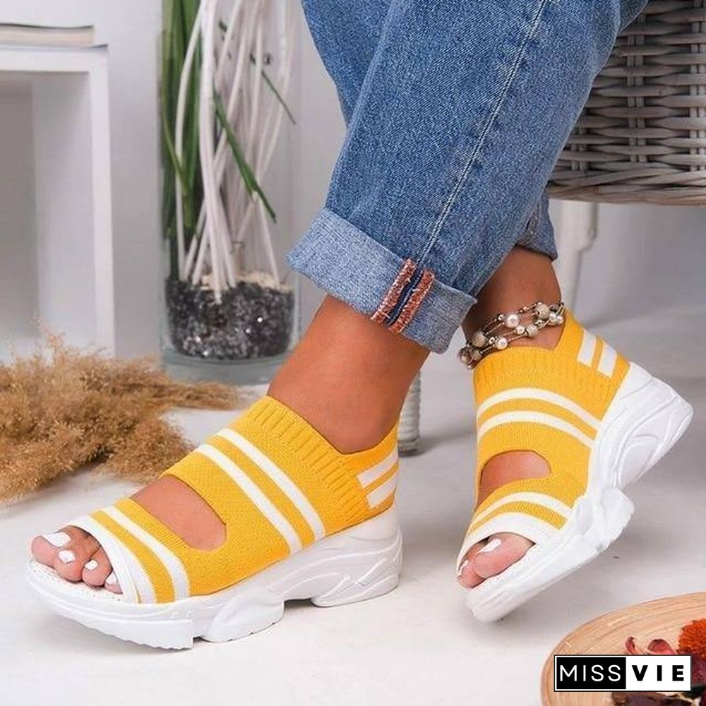 New Women Sandals High Heels Platform Women Shoes Summer Casual Female Sneakers Knitting Slip On Peep Toe Women Sandals