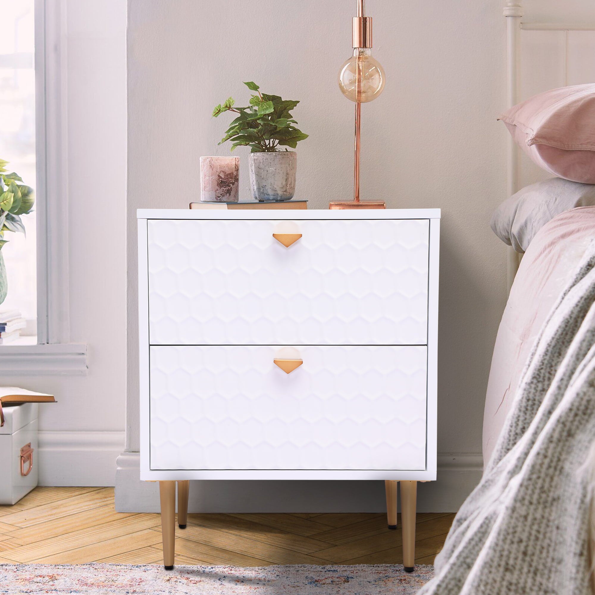 Boyel Living Modern Wood 2-Drawer Nightstand for Bedroom, White Cabinet Nightstands with Drawer, End Bedside Table