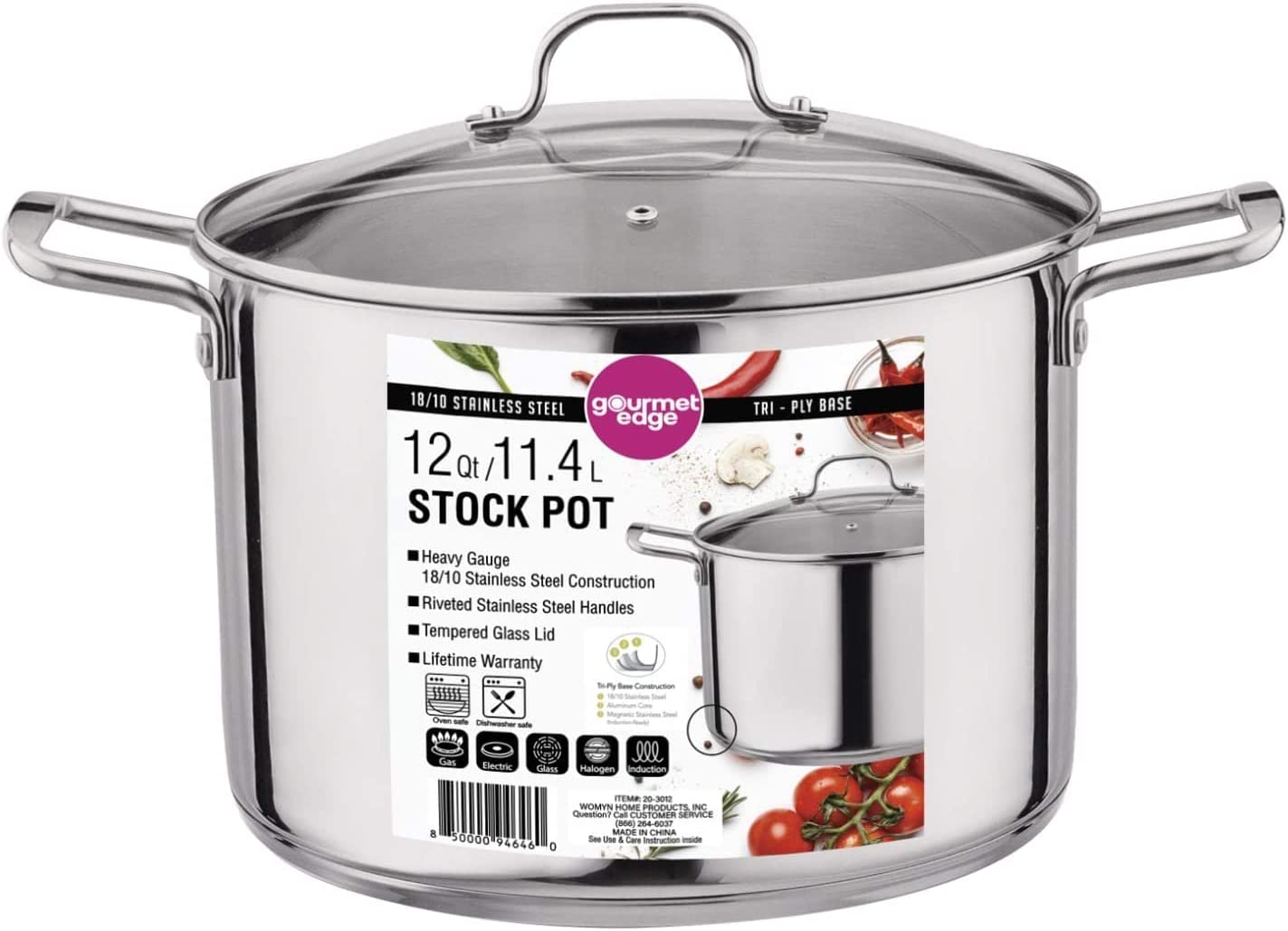 Gourmet Edge 12-Quart Stock Pot - Stainless Steel Soup Pots with Lid as Dishwasher and Oven Safe Cookware， Silver