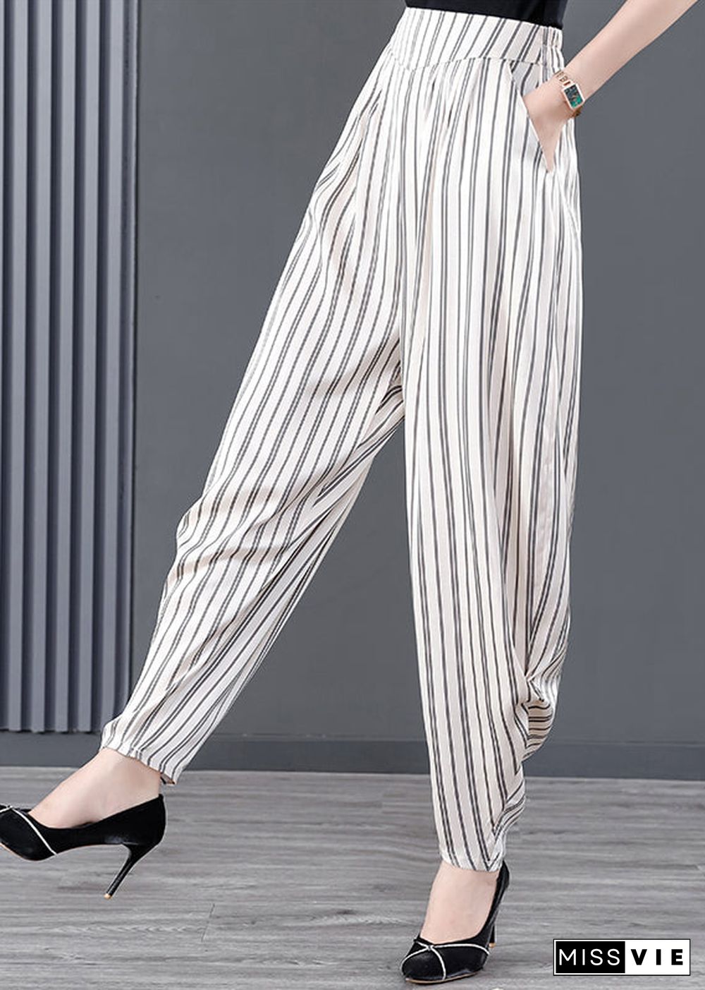 DIY White Striped Pockets Patchwork Chiffon Pants Summer