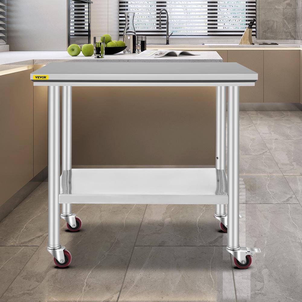 VEVOR Stainless Steel Rolling Table 35.4 x 23.6 in. Kitchen Prep Table with 4 Wheels Kitchen Utility Table Silver SYGZT36X24INDJL01V0