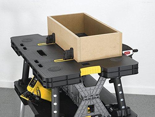 Keter – 197283 Folding Table Work Bench for Miter Saw Stand, Woodworking Tools and Accessories with Included 12 Inch Wood Clamps – Easy Garage Storage Black/Yellow