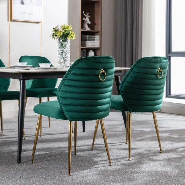 Dining Chair Set of 2, Woven Velvet Upholstered Accent Chairs with Barrel Backrest and Gold Metal Legs