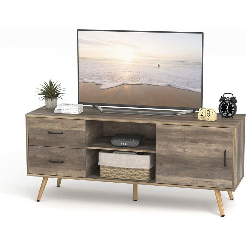 Year Color Mid-Century Industrial Modern TV Stand with Sliding Doors and Two Drawers for 55/60 Inch TV