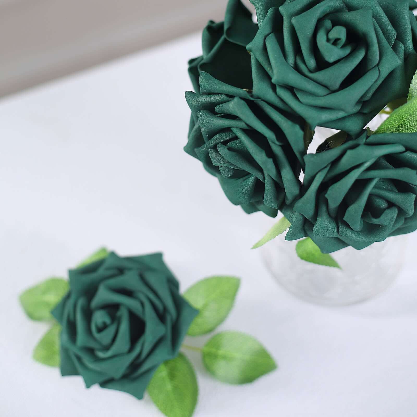 24 Roses Hunter Emerald Green Artificial Foam Flowers With Stem Wire and Leaves 5