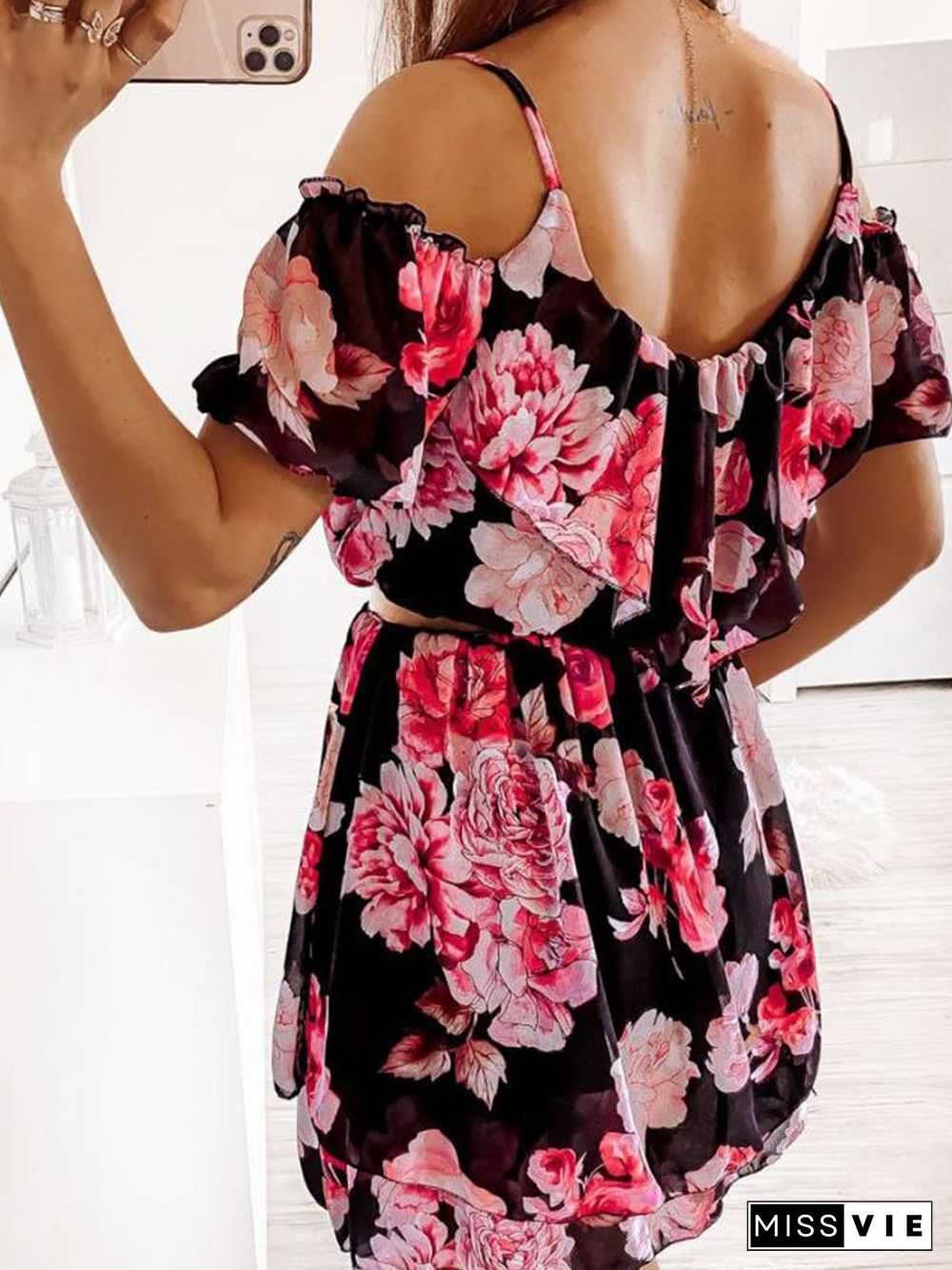 Cold-shoulder Flower Print Chiffon Mini Dress P10890