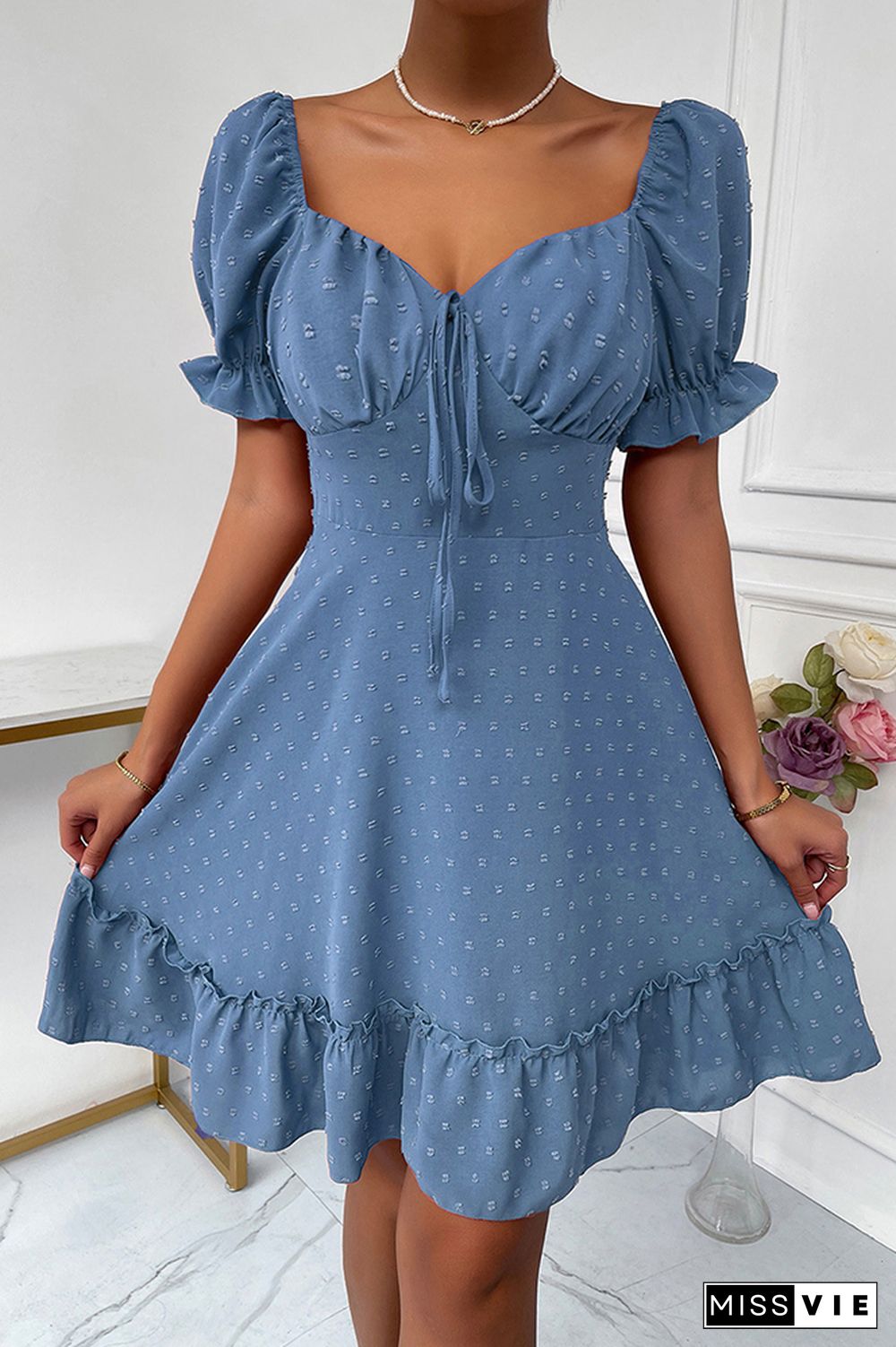 Solid Polka Dot Ruffle Short Sleeve Dress Wholesale