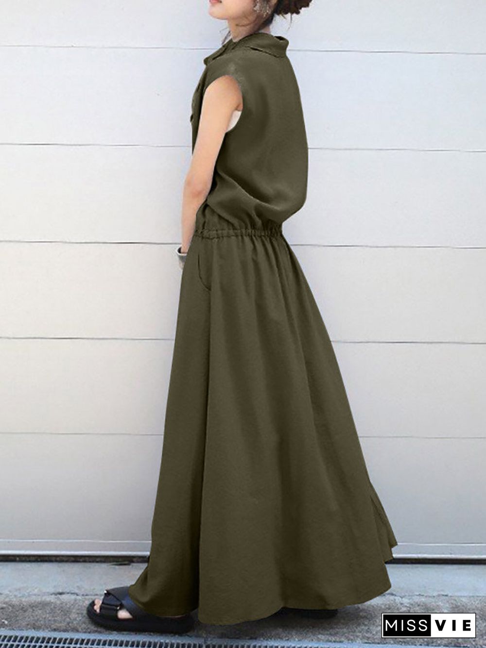 Solid Drawstring Waist Pocket Button Front Maxi Cargo Dress