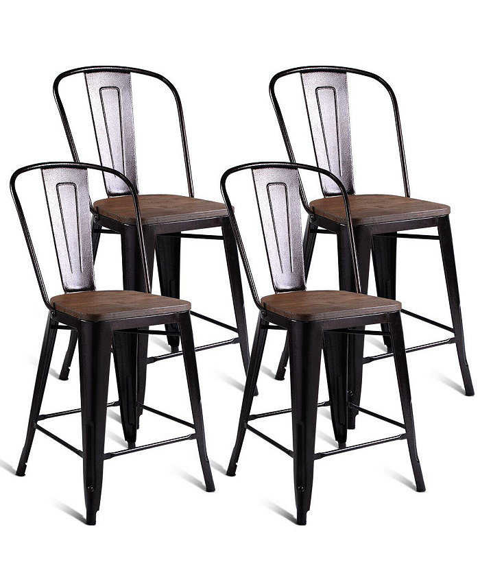 Costway Copper Set of 4 Metal Wood Counter Stool Kitchen Bar Chairs