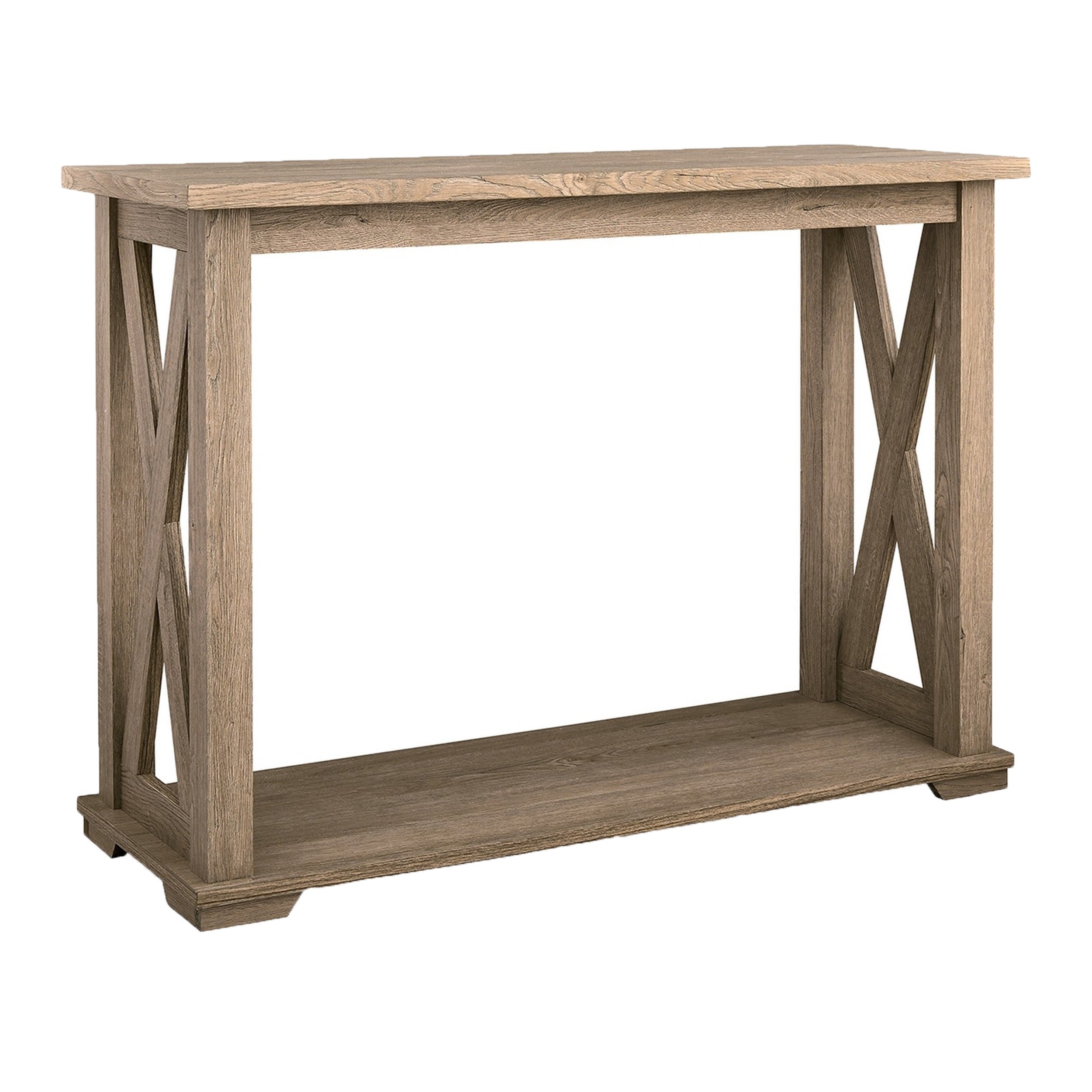 42 Inch Sofa Table， Crossbuck Side Accents， 1 Open Shelf， Rustic Brown