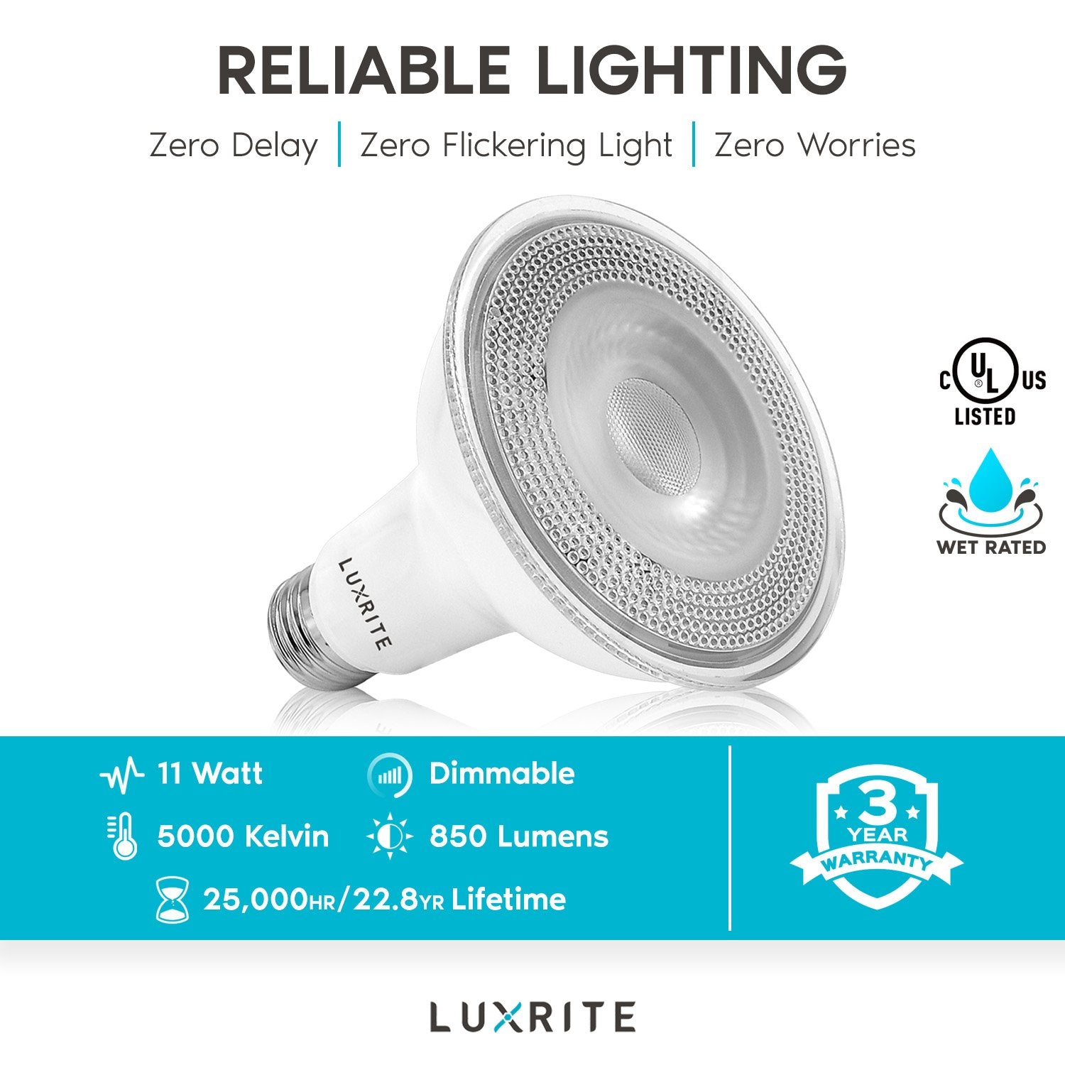 Luxrite 4-Pack LED PAR30 Flood Light Bulb 5000K Bright White 850 Lumens 11W Dimmable Wet Rated E26 Base UL Listed