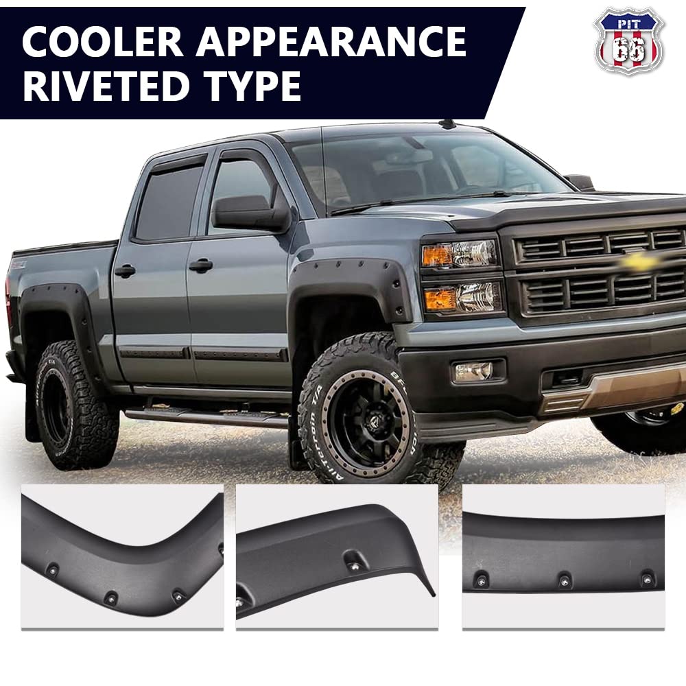 PIT66 Fender Flares Fit for 07-13 Silverado 1500/07-14 2500 HD 3500 HD (Not Fit Dually Model)， (only fit  6.5and8fit Long Bed， not Fit 5'8