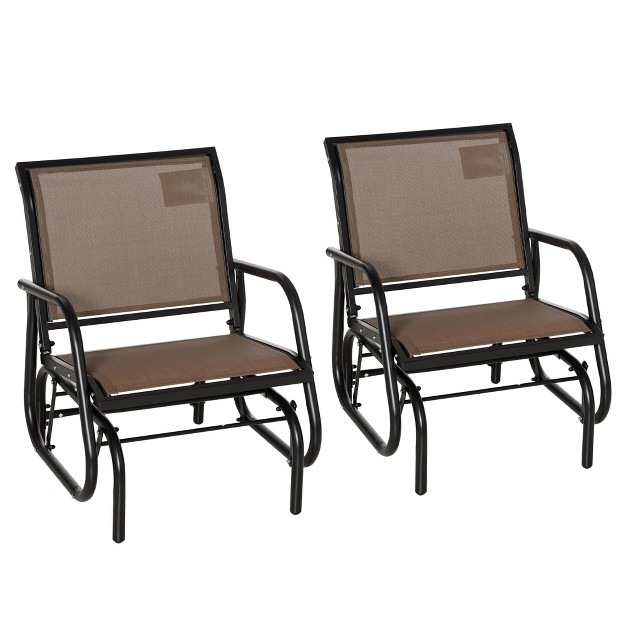 Outsunny 2 Piece Outdoor Glider Chair Set Swing Chair With Breathable Mesh Fabric Curved Armrests For Porch Garden Poolside Balcony Brown