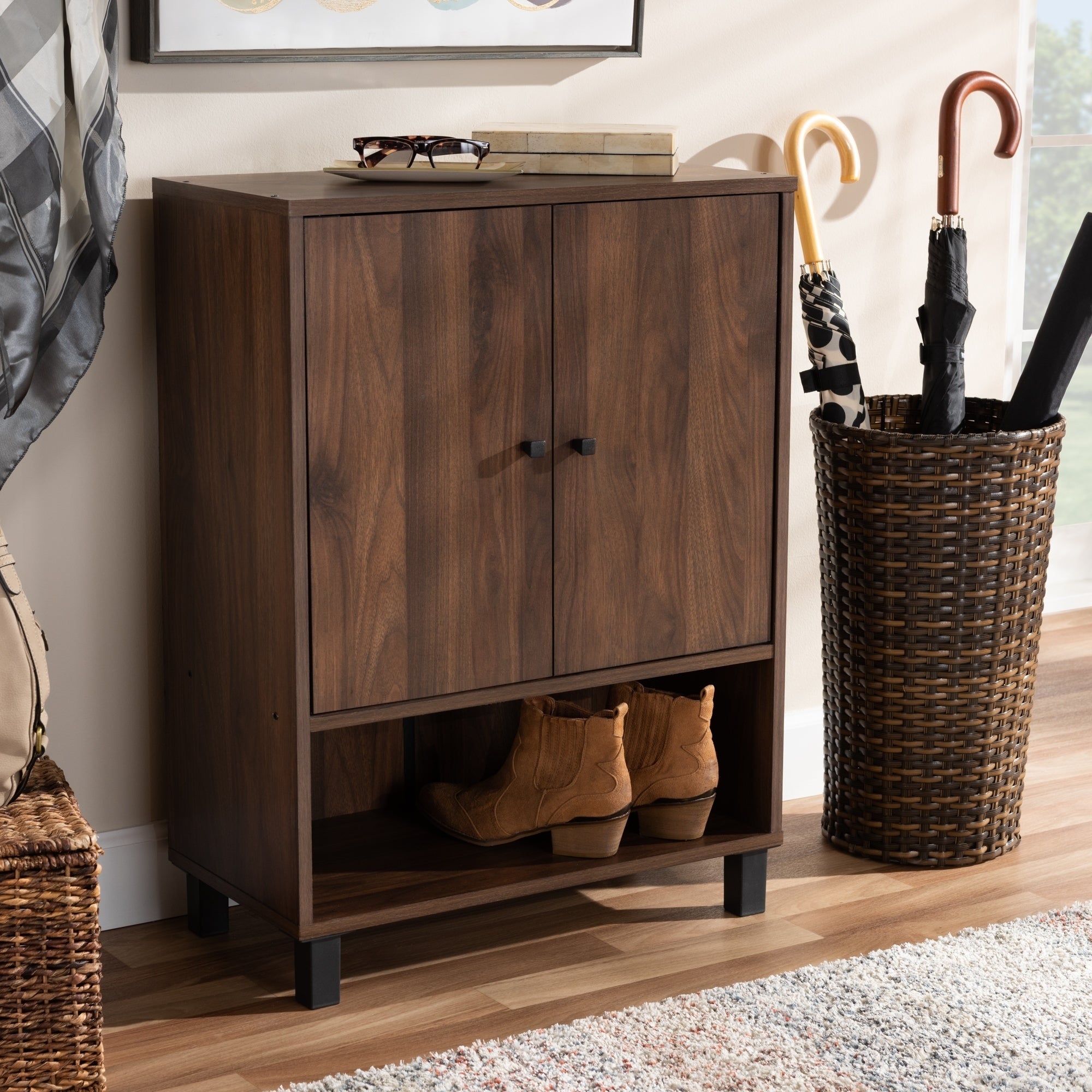 Modern and Contemporary Walnut Brown 2-Door Shoe Storage Cabinet - - 27147069