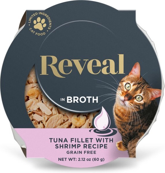 Reveal Natural Grain-Free Tuna with Shrimp in Broth Flavored Wet Cat Food， 2.12-oz pot， case of 18