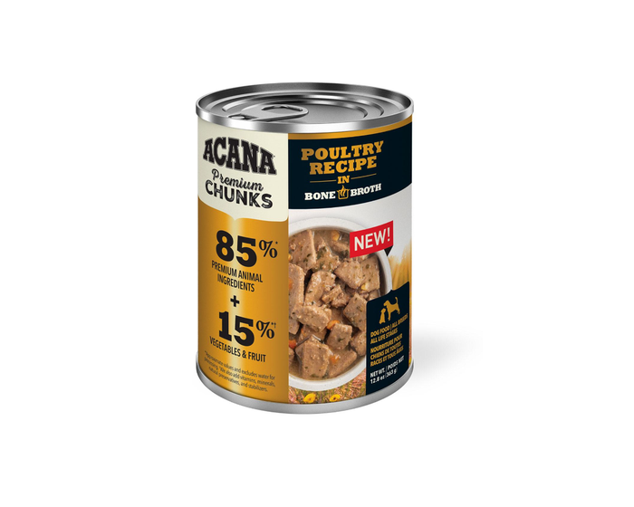 Acana Grain-Free Premium Chunks Poultry Recipe In Bone Broth Adult Wet Dog Food， 12.8 oz. Can