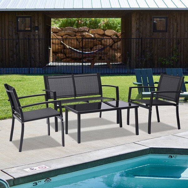 4 Pieces Black Outdoor Conversation Sets with Glass Coffee Table - Overstock - 37475800