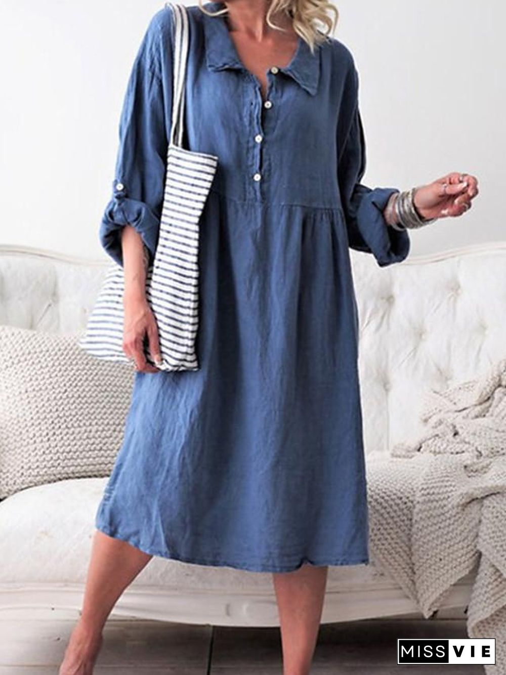 Women's Shirt Dress Midi Dress - Long Sleeve Solid Color Shirt Collar Hot Denim Blue Purple Army Green Orange Khaki S M L XL XXL Linen