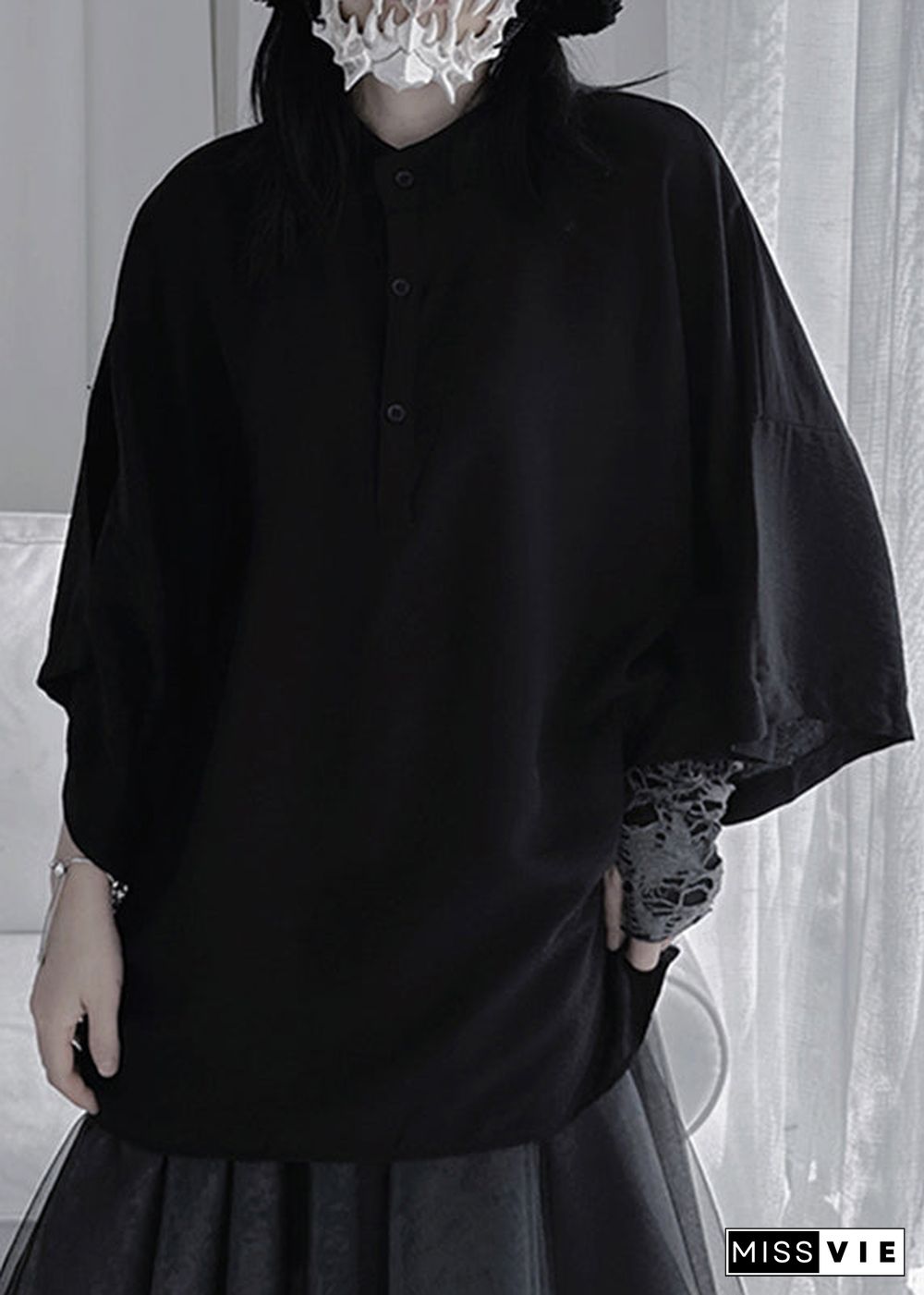 Plus Size Black Stand Collar Button Shirt Long Sleeve