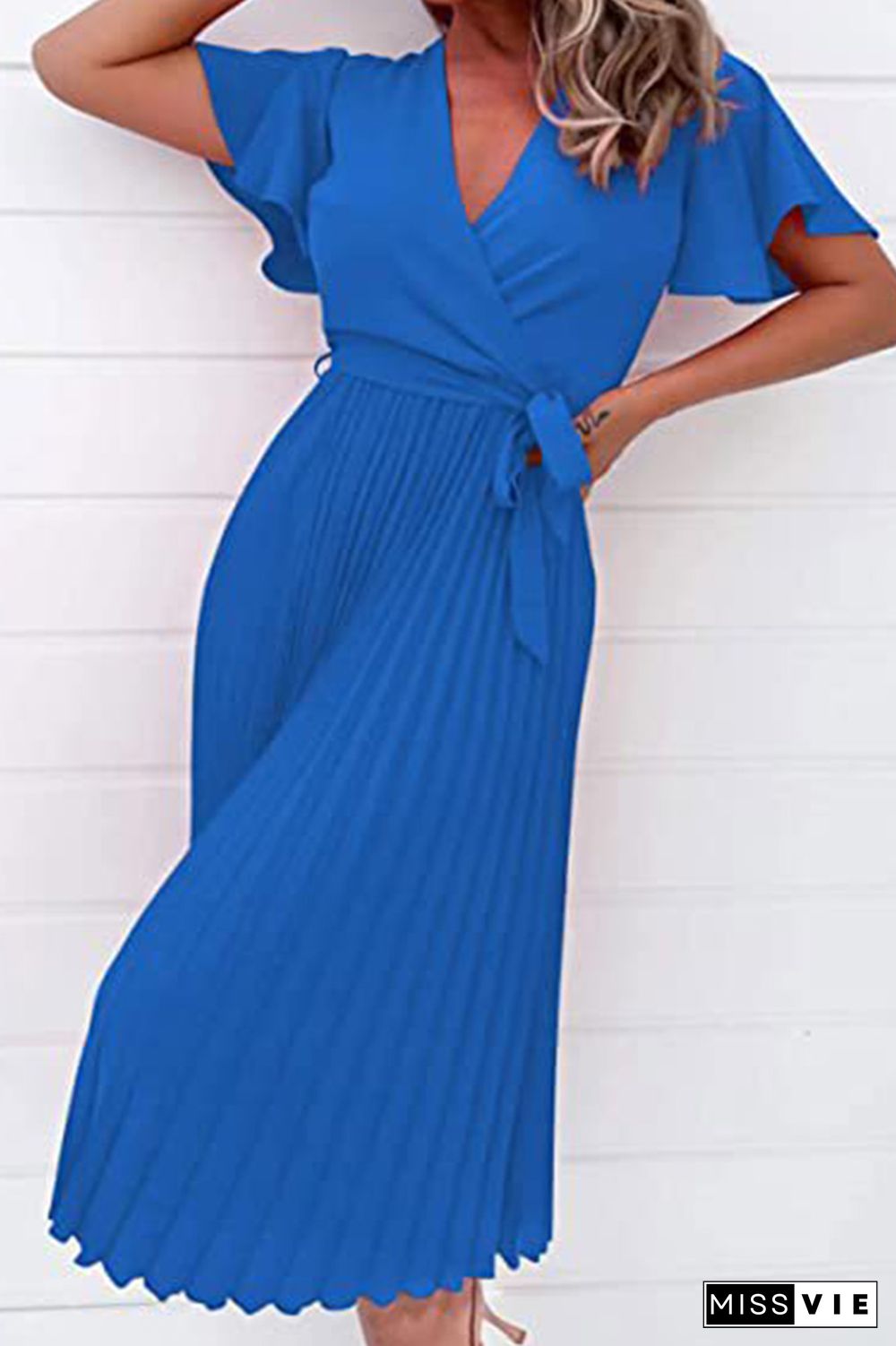 Plain V Neck Flare Sleeves Pleated Midi Dress