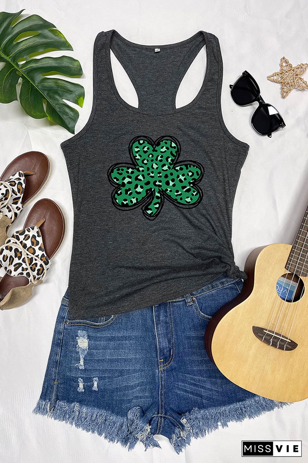 St Patricks Day,Leopard Shamrock Sleeveless Tank Top Wholesale