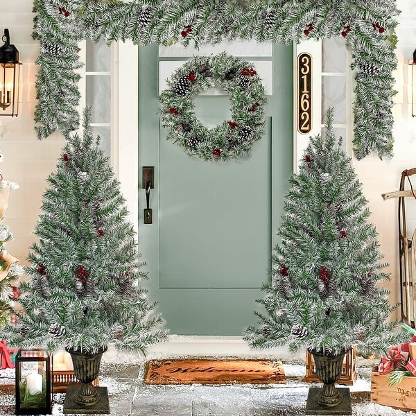 Prelit Xmas Tree Artificial Christmas 4Piece Set，Garland，Wreath and Set of 2 Entrance Trees Xmas with LED Lights