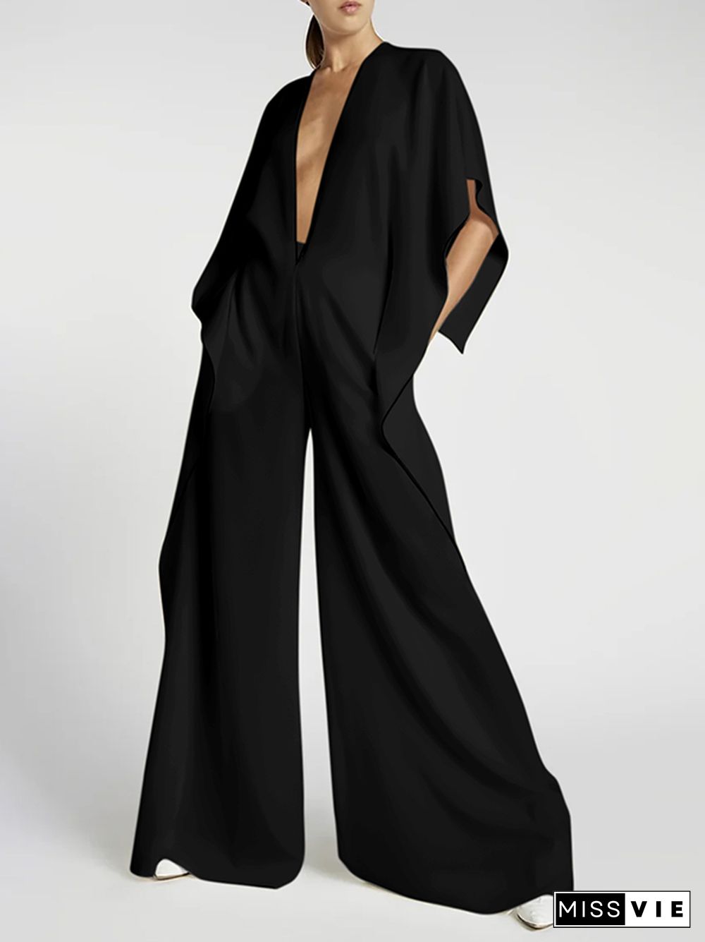 Loose Half Sleeves Solid Color Deep V-Neck Jumpsuits