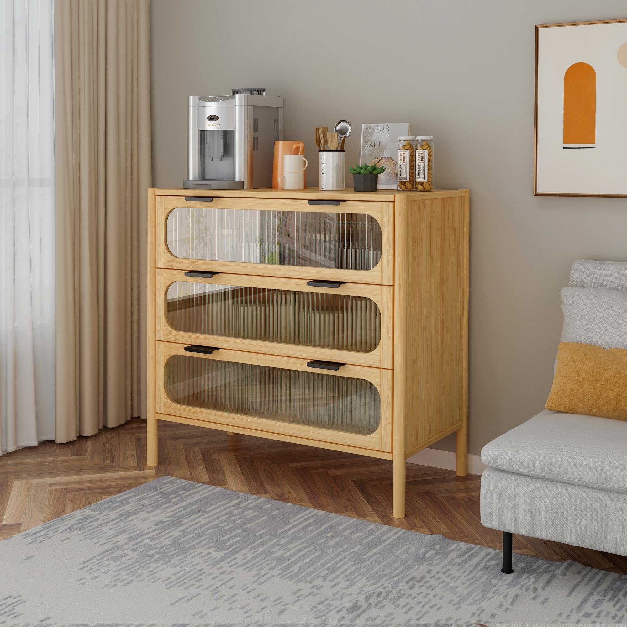 Bamboo Mid-Century Modern Cabinet Side Table with 3 Drawers