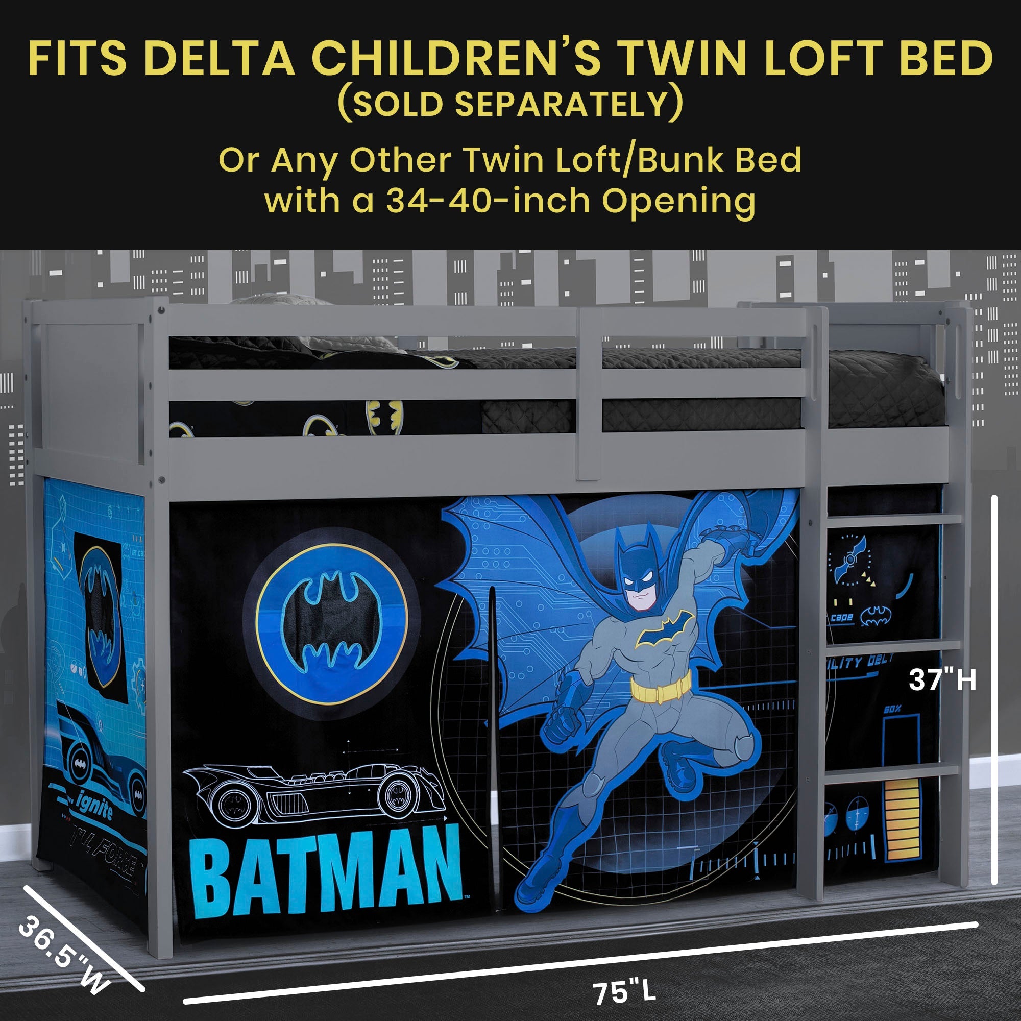 Batman Loft Bed Tent by Delta Children - Curtain Set for Low Twin Loft Bed (Bed Sold Separately)