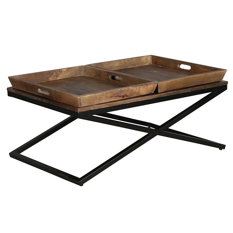 38 Inch Rectangular Mango Wood Farmhouse Coffee Table， 2 Trays， X Iron Base， Brown and Black