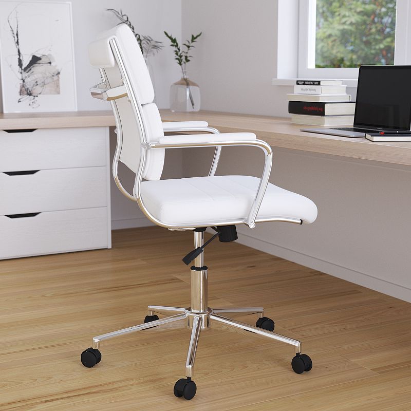 Merrick Lane McEntyre White Ergonomic Swivel Office Chair Panel Style Mid-Back Faux Leather Computer Desk Chair with Padded Chrome Arms and Base