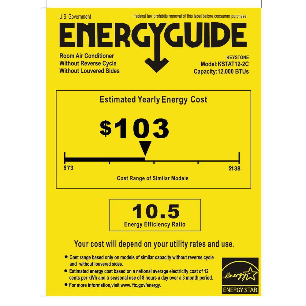 Keystone 12000 BTU 230V Through-The-Wall AC Energy Star Remote Dehumidifier Sleep Mode 24H Timer for Rooms up to 550 Sq. Ft. KSTAT12-2C