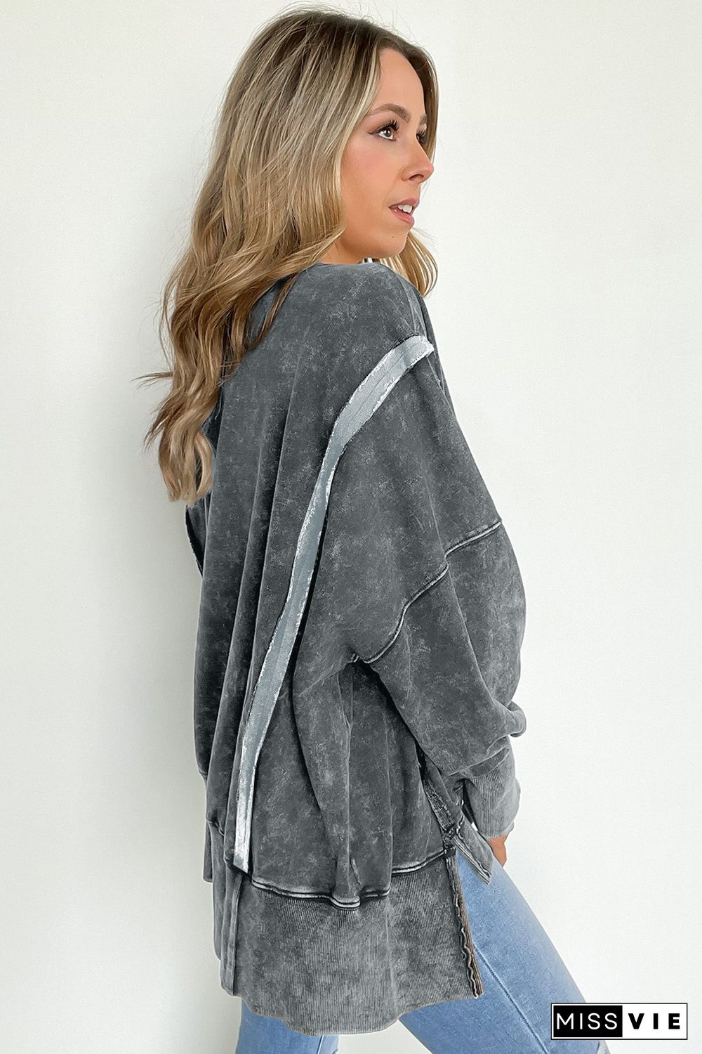 Gray Acid Wash Relaxed Fit Seamed Pullover Sweatshirt with Slits