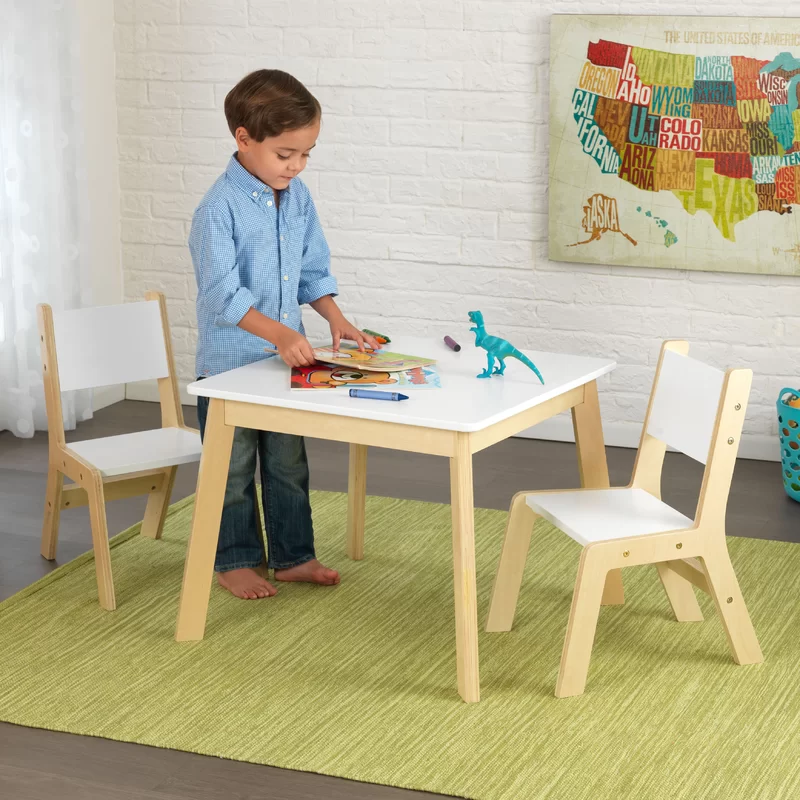 KidKraft Wooden Modern Table and 2 Chair Set， Children's Furniture， White and Natural， Gift for Ages 3-8